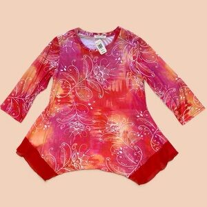 Indigo Soul Pink/Red Tie Dye with Floral Lining 3/4 Sleeve Chiffon Flounce Top